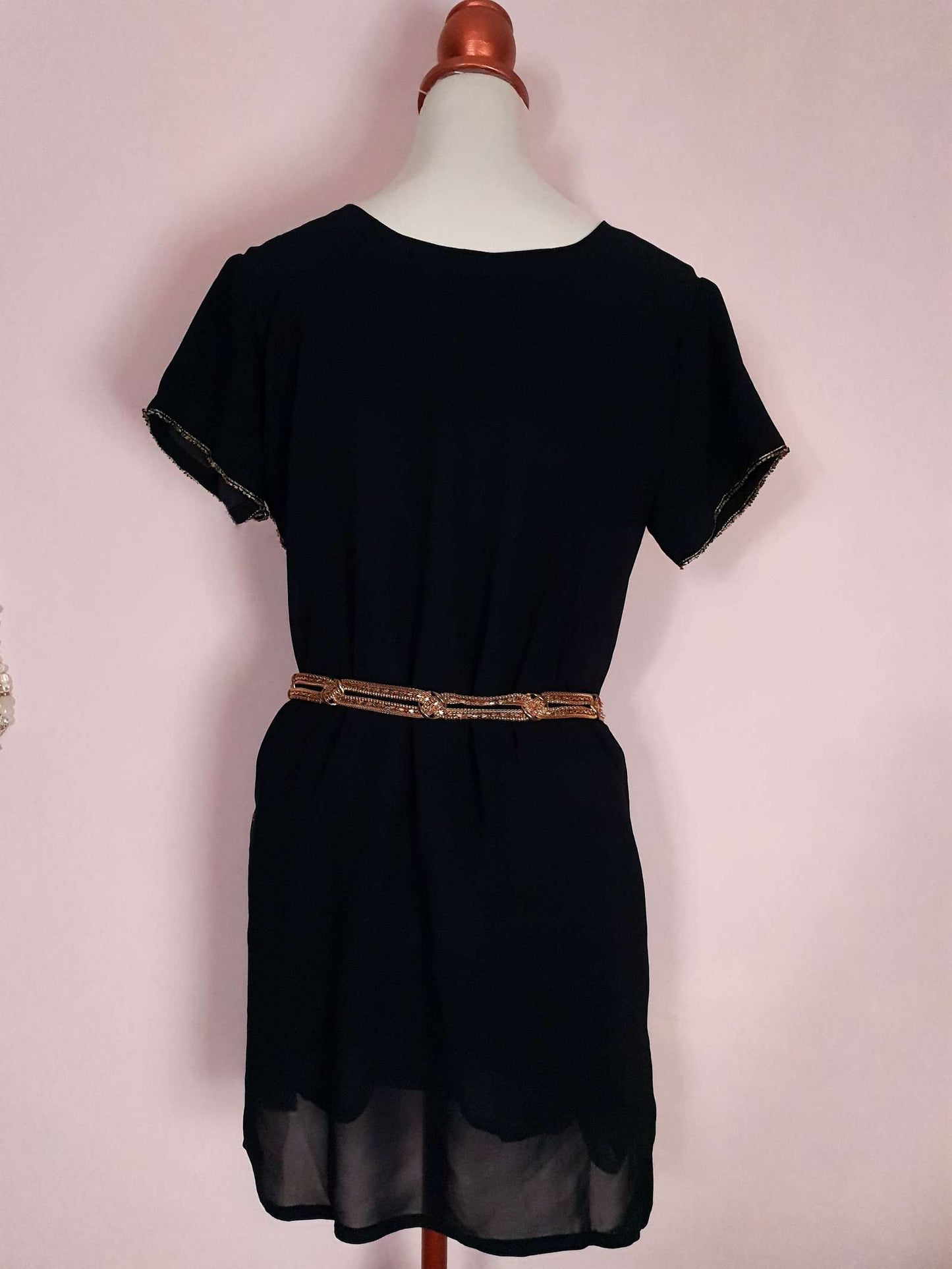 Vintage 1980s Black Chiffon Beaded Kaftan Boho Mini Dress - Size 14