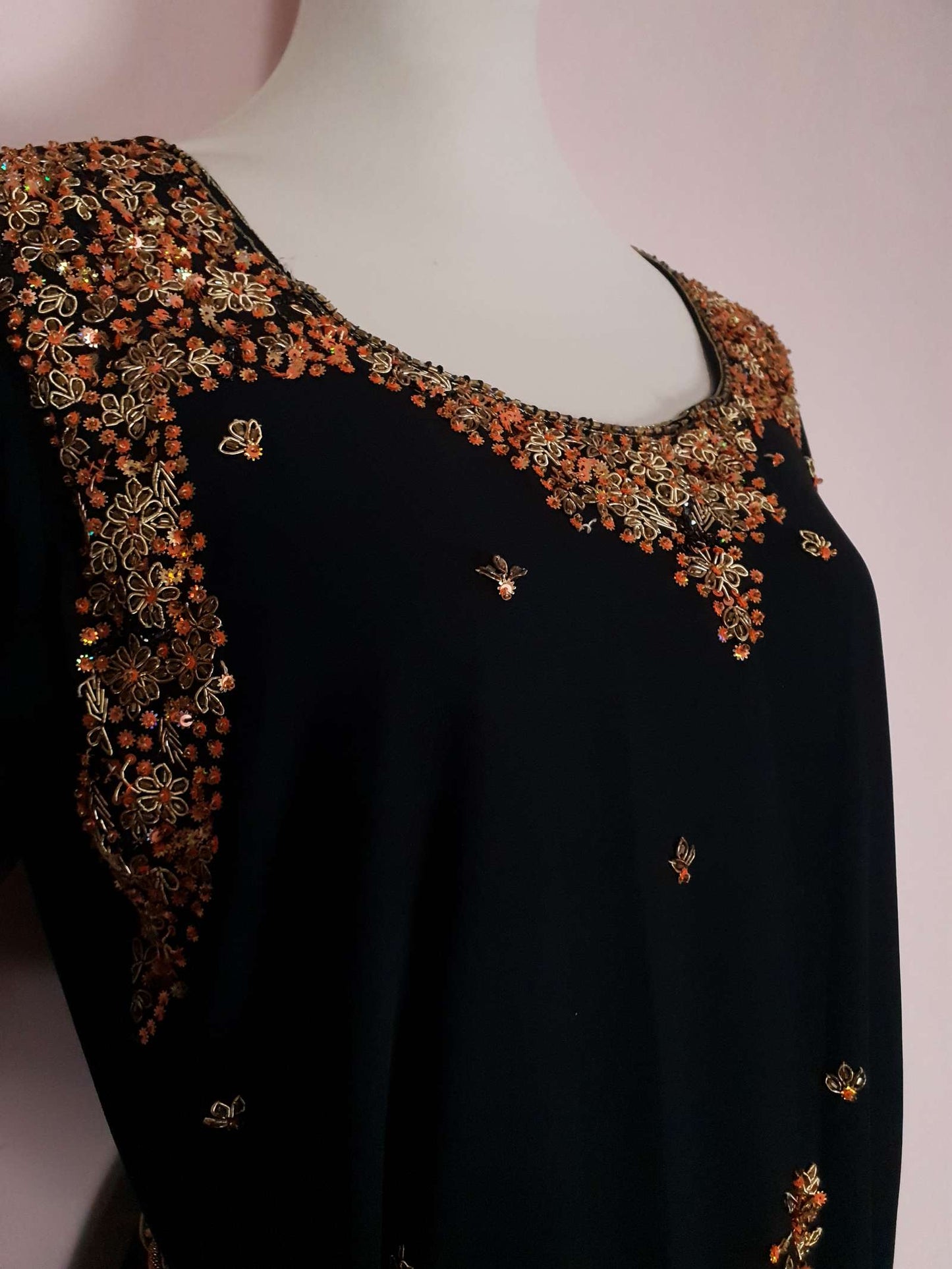 Vintage 1980s Black Chiffon Beaded Kaftan Boho Mini Dress - Size 14