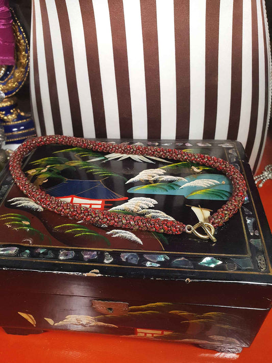 Vintage Red Green Art Glass Necklace Woven Retro 1970s