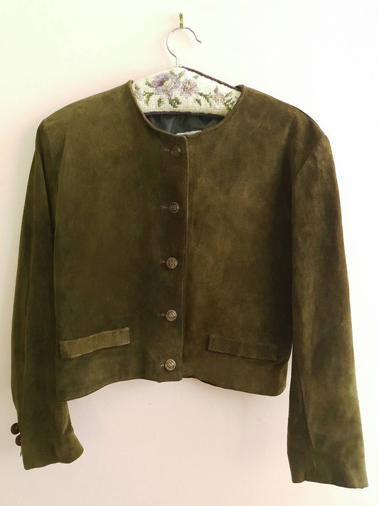 Chic 1980s Vintage Olive Green Suede Leather Jacket - Size 10