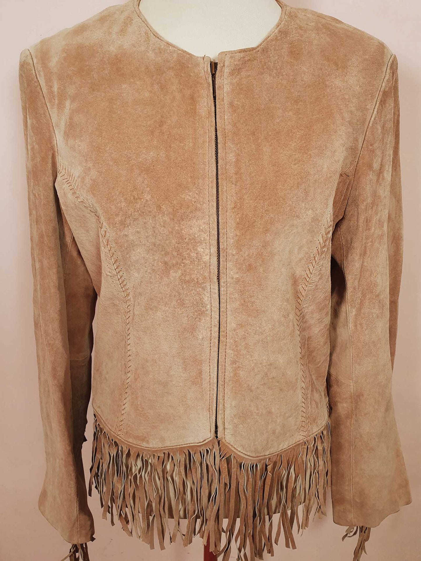 1990s Boho Tan Cowgirl Western Suede Leather Jacket - Size 14