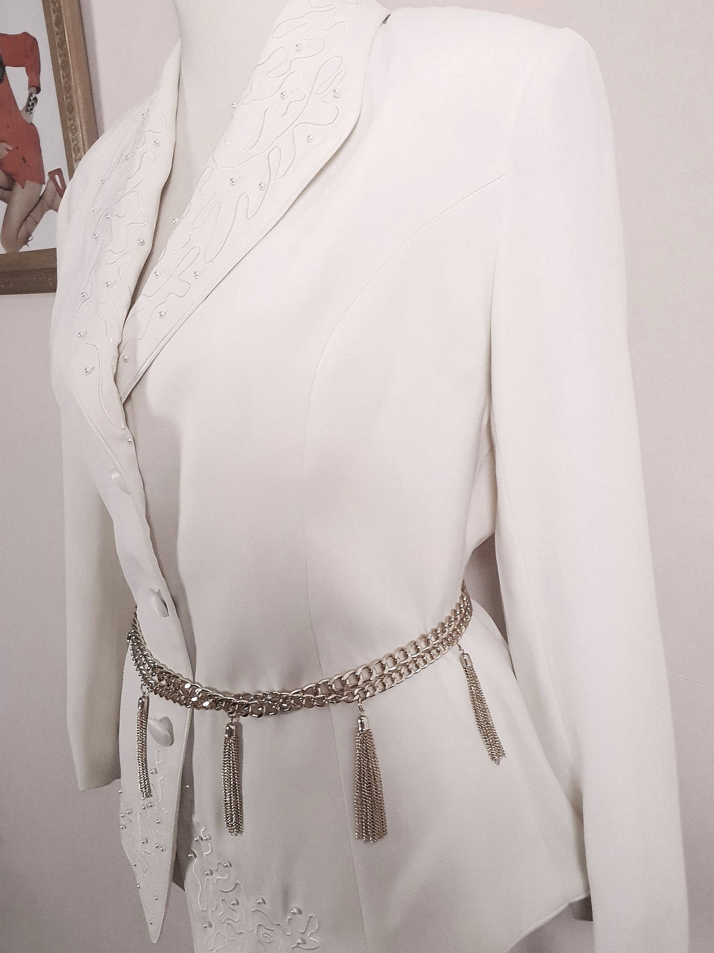 Vintage Cream Embroidery Pearl Jacket 1980s Retro