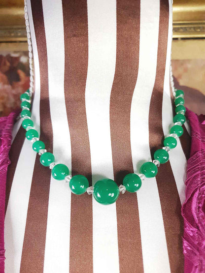 1920s Art Deco Vintage Green Glass Bead Necklace Graduated Antique Choker