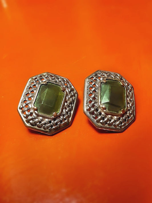 Vintage 1920s Art Deco Green Czech Rhinestone Earrings Clip On Basket Weave