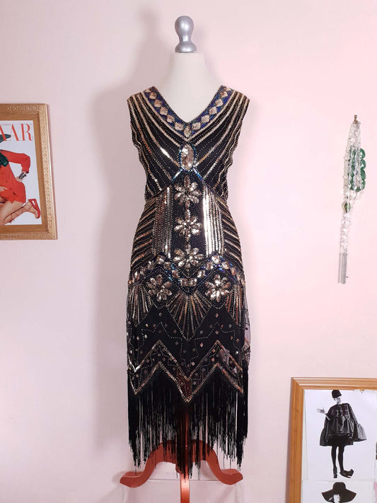 1920s Style Sequin Flapper Party Dress Fringe Midi Size 10/12 - Pre-owned