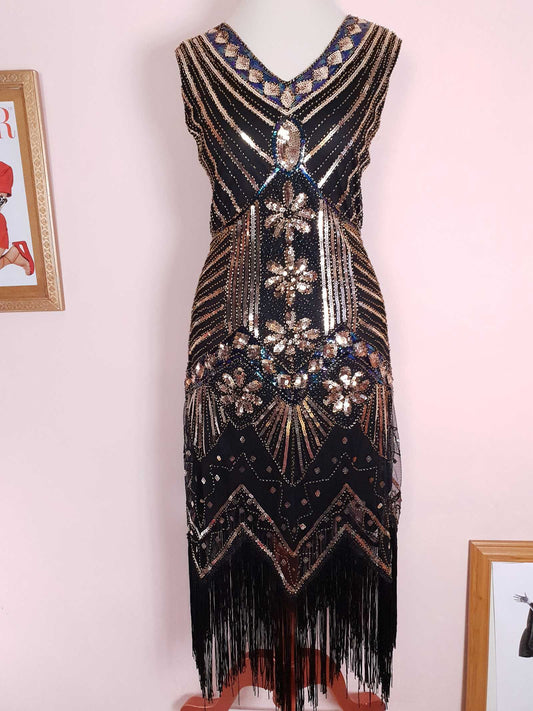 Beaded Fringe Black Flapper Dress Sequin 1920s Style Midi Size 10/12 Cocktail Party Evening
