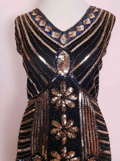 1920s Style Sequin Flapper Party Dress Fringe Midi Size 10/12 - Pre-owned