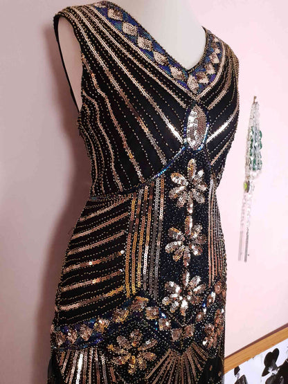 1920s Style Sequin Flapper Party Dress Fringe Midi Size 10/12 - Pre-owned