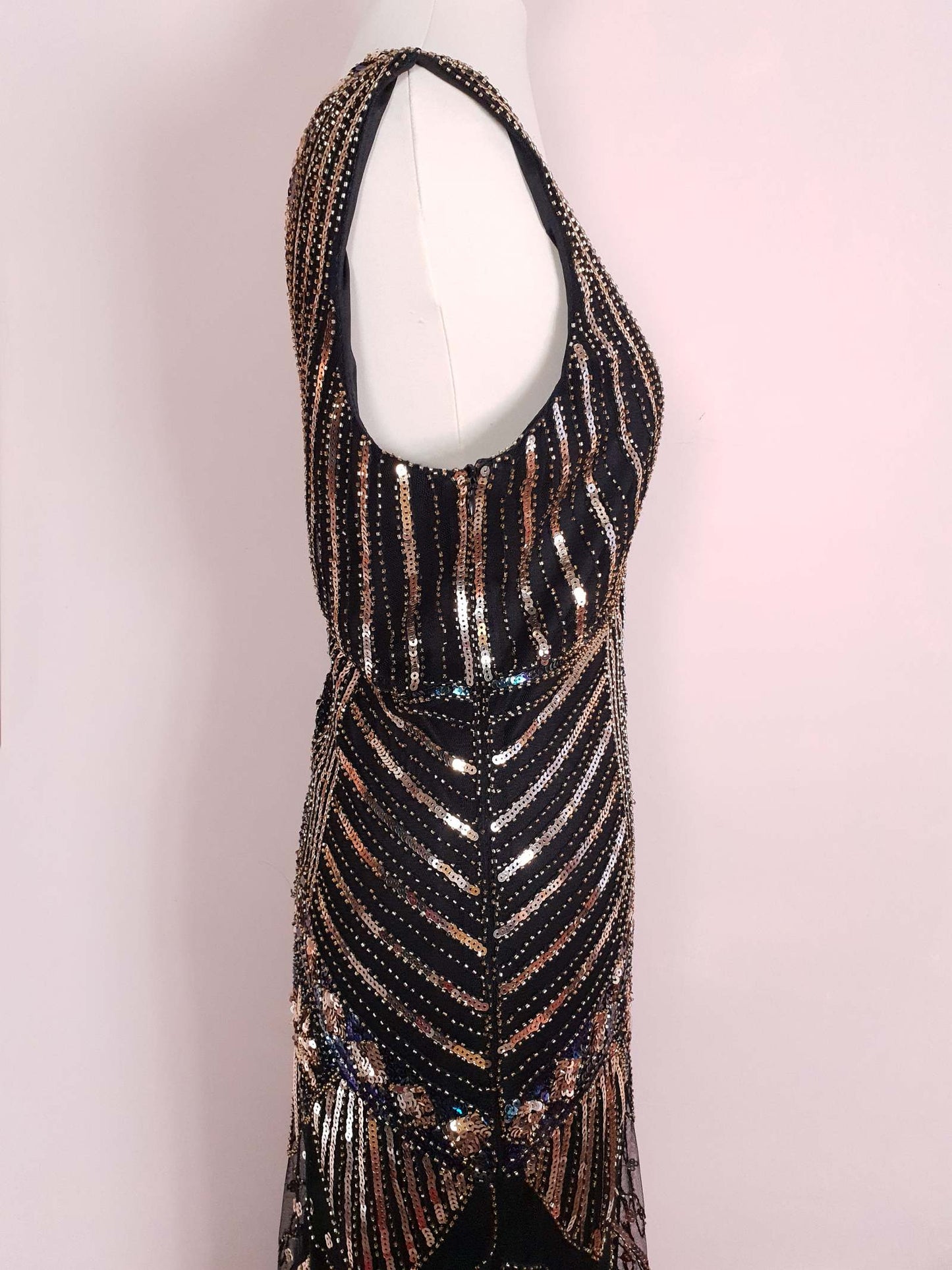 1920s Style Sequin Flapper Party Dress Fringe Midi Size 10/12 - Pre-owned