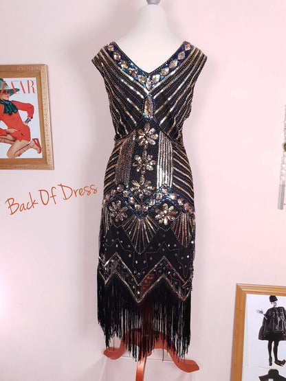 1920s Style Sequin Flapper Party Dress Fringe Midi Size 10/12 - Pre-owned