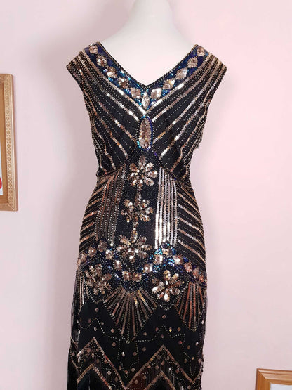 1920s Style Sequin Flapper Party Dress Fringe Midi Size 10/12 - Pre-owned