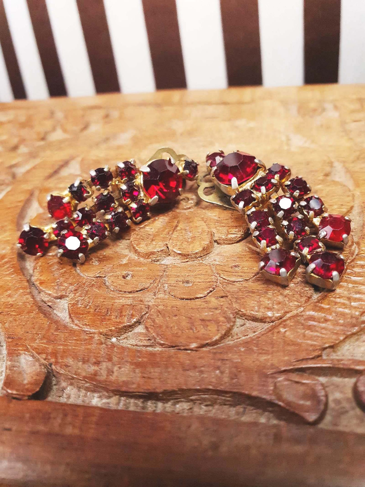 Vintage 1930s Art Deco Earrings Prong Set Red Rhinestone Clip-Ons