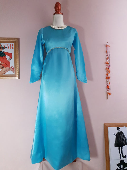 Gorgeous 1950s Blue Satin Beaded Dress Evening Gown - Size 8