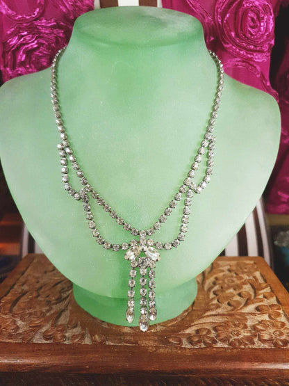 Vintage Rhinestone Necklace Choker 16" 1950s Clear Glass Diamante - Mid-Century