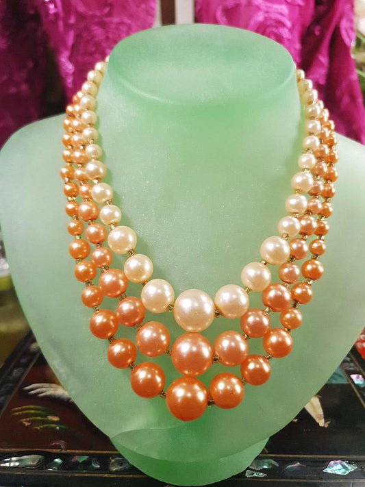 1950s Vintage Orange Faux Pearl Necklace Choker 16" Three Strand Mid-Century - Hong Kong Signed