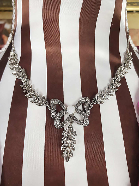 1950s Vintage Marcasite Leaf Bow Necklace Pendant Choker Victorian Revival