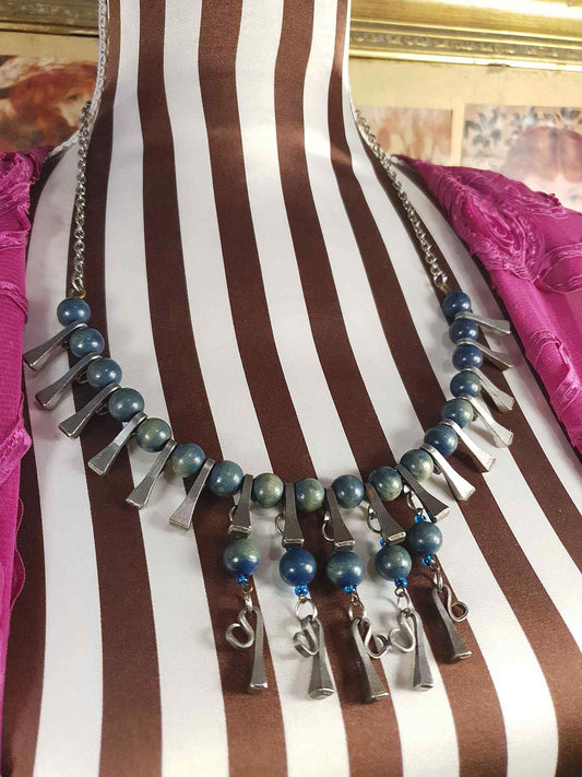 1950s Vintage Blue Bead Pewter Modernist Necklace 20" Brutalist Mid-Century Artisan