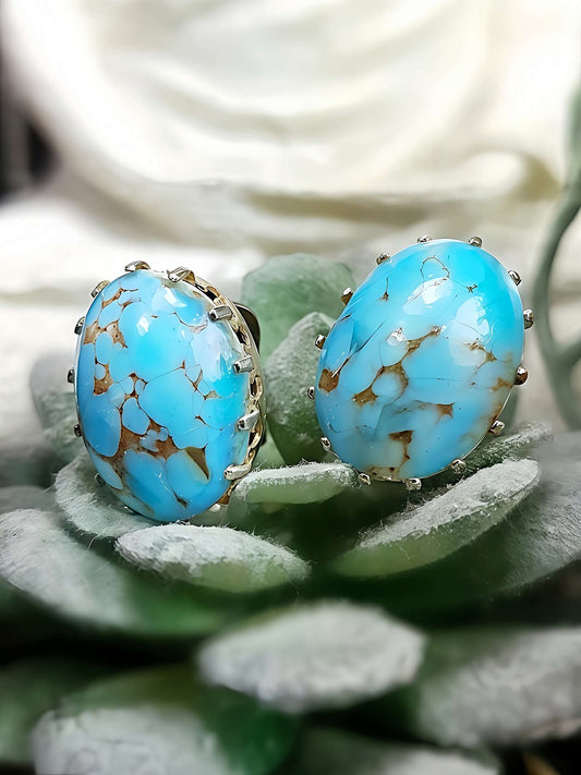 1950s Vintage Blue Ceramic Marbled Earrings Mid-Century Clip-On