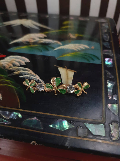 1950s Vintage Clover Rhinestone Brooch Czech Shamrock Mid-Century