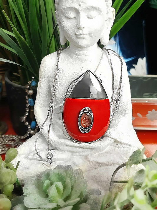 1950s Vintage Red Teardrop Pendant Necklace Lucite Mid-Century Rhinestone MCM