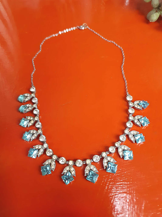 1950s Vintage Blue Rhinestone Necklace Choker 15" Mid-Century