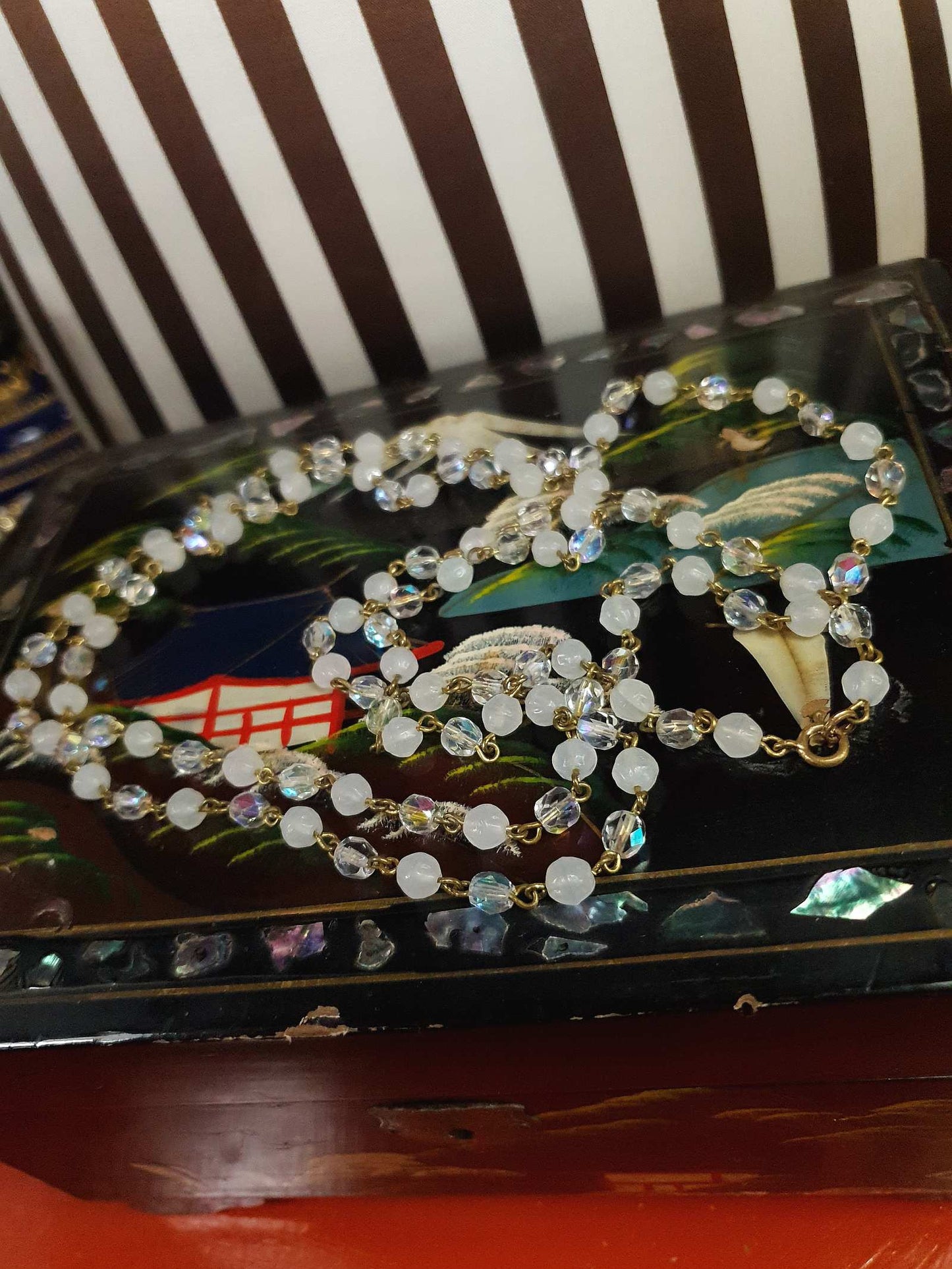 Vintage Aurora Borealis Long Glass Necklace 48" 1960s Retro AB