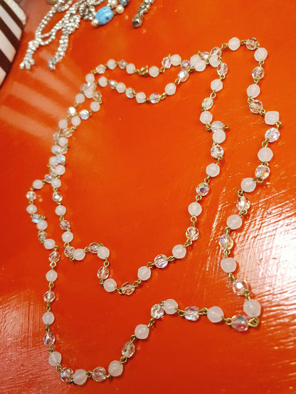 Vintage Aurora Borealis Long Glass Necklace 48" 1960s Retro AB