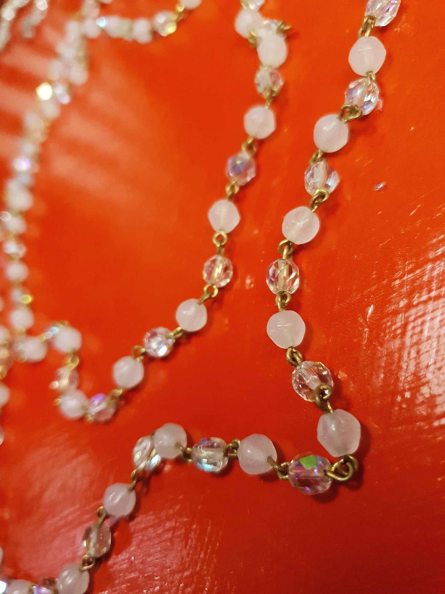 Vintage Aurora Borealis Long Glass Necklace 48" 1960s Retro AB