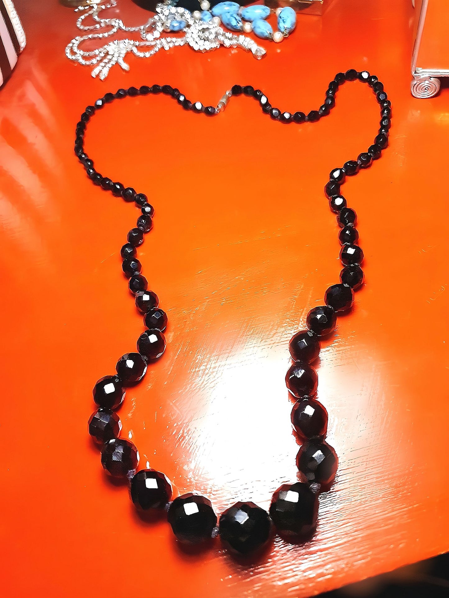 Vintage 1960s French Jet Black Bead Necklace Hand Knotted