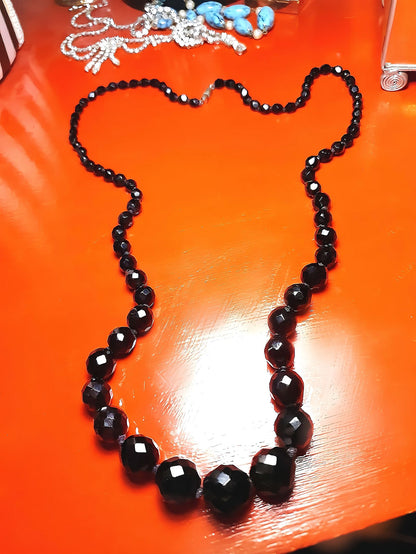 Vintage 1960s French Jet Black Bead Necklace Hand Knotted