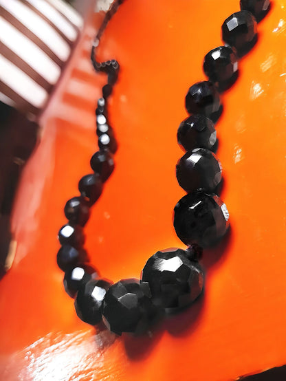 Vintage 1960s French Jet Black Bead Necklace Hand Knotted