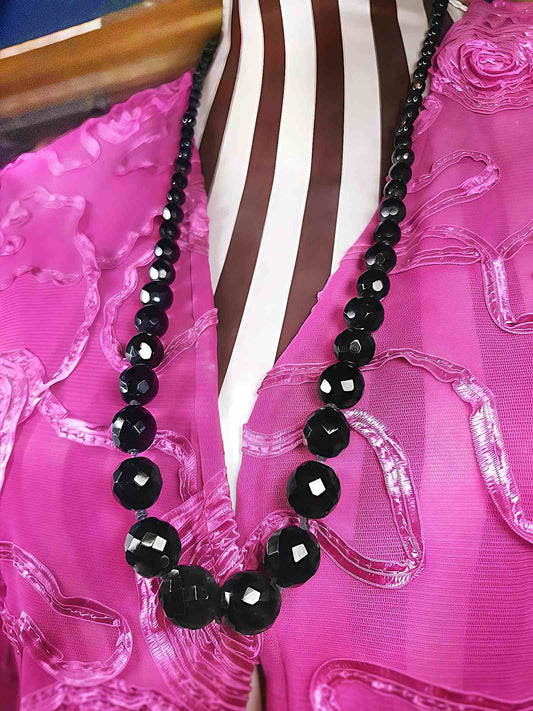 Vintage 1960s French Jet Black Bead Necklace Hand Knotted