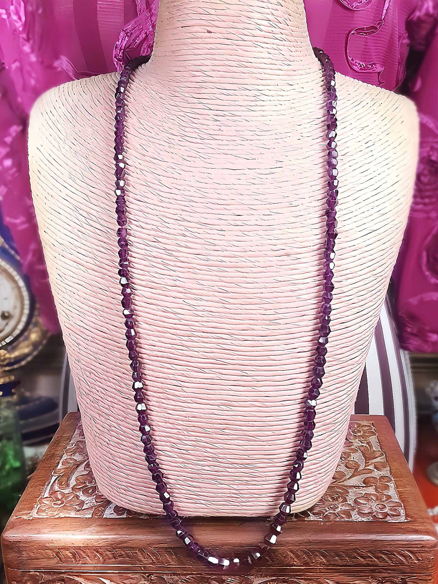 Vintage 1960s Garnet Gemstone Necklace 24" Burgundy