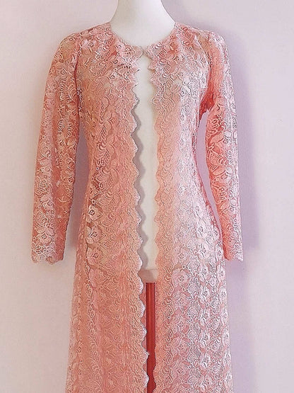 Vintage 1960s Peach Lace House Coat Dressing Gown Evening Retro - Size 12