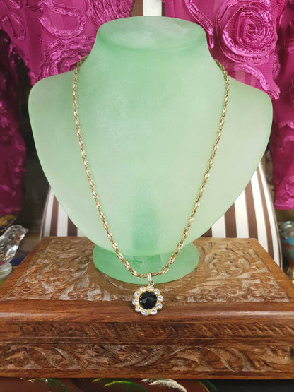 Vintage Black Rhinestone Necklace Pendant 1960s Classic