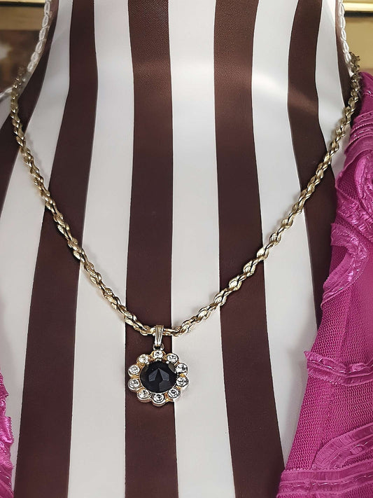 Vintage Black Rhinestone Necklace Pendant 1960s Classic