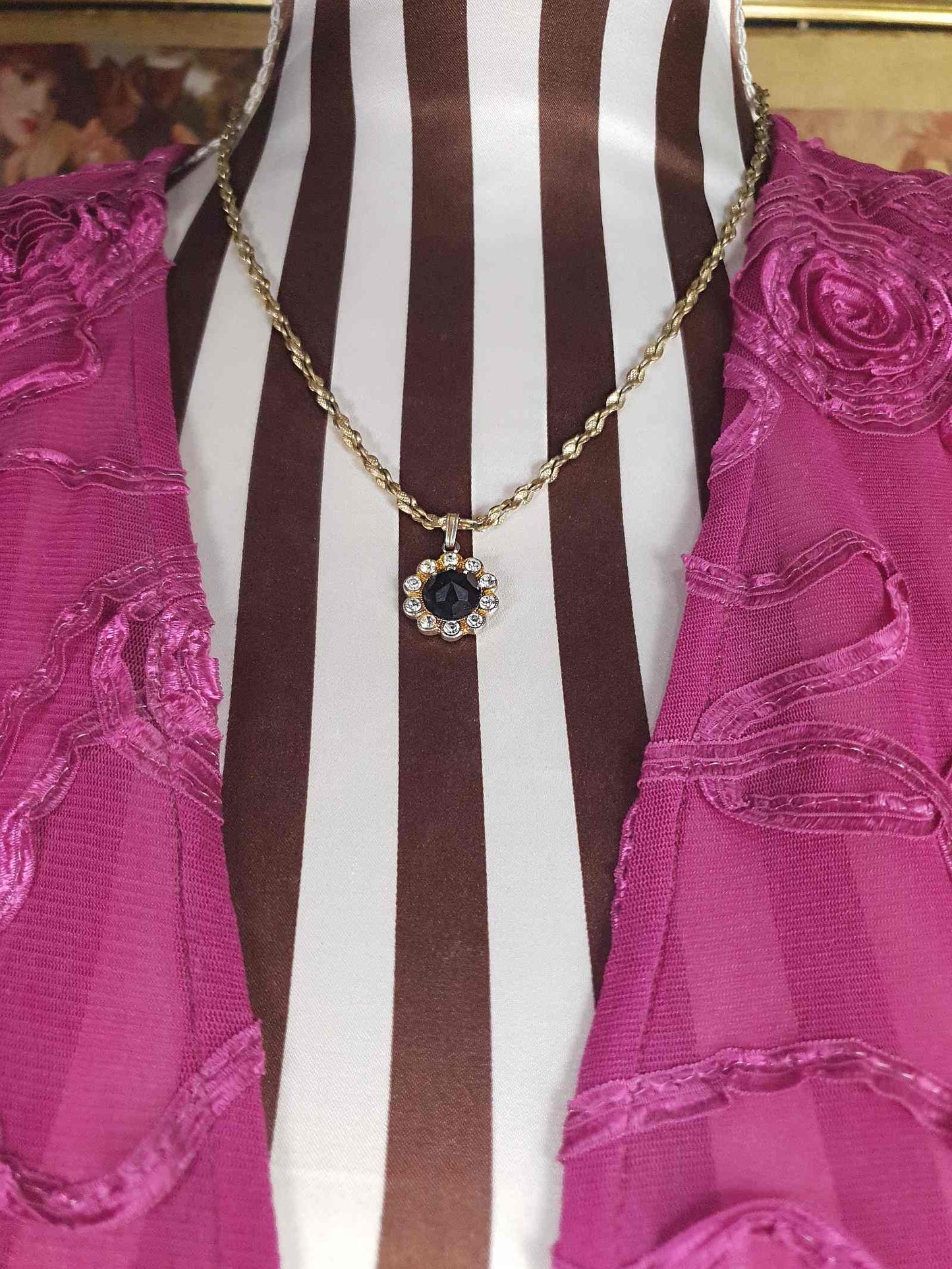 Vintage Black Rhinestone Necklace Pendant 1960s Classic