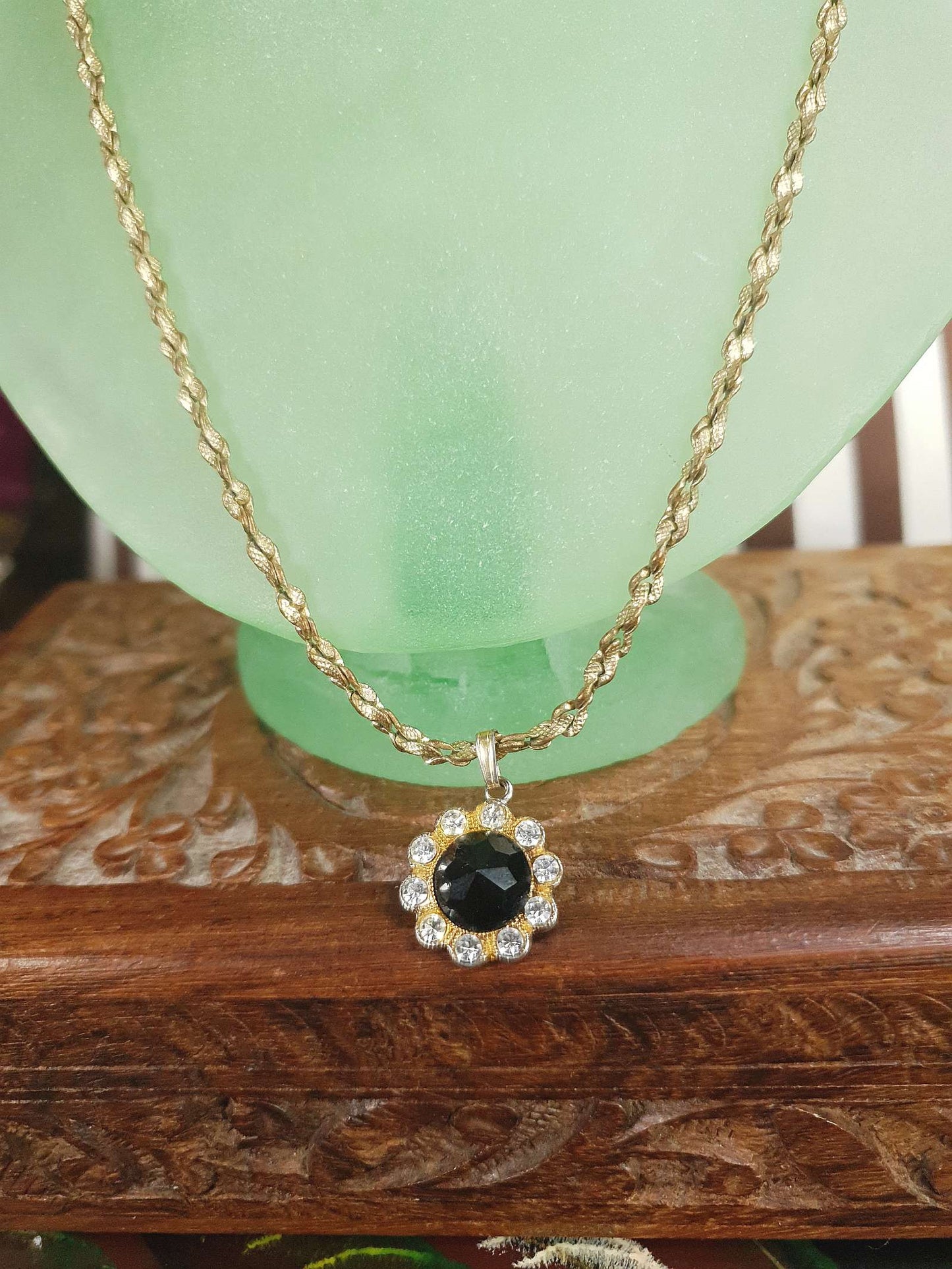Vintage Black Rhinestone Necklace Pendant 1960s Classic