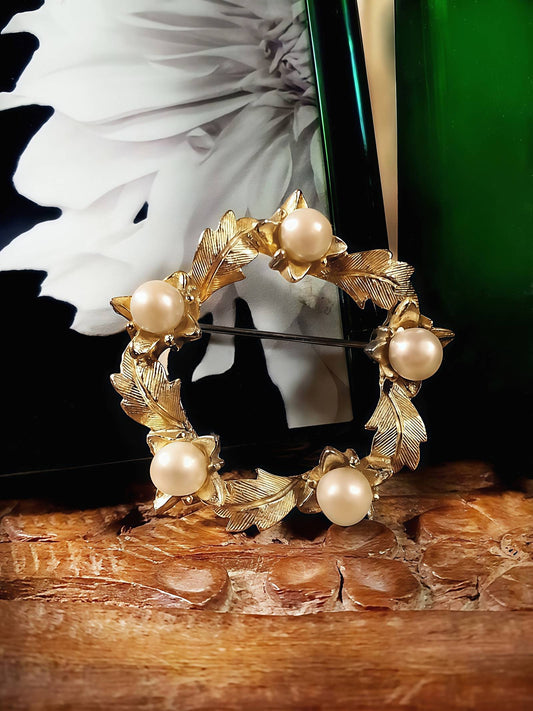 Vintage Faux Pearl Wreath Brooch Leaf Pin 1960s Gold Tone