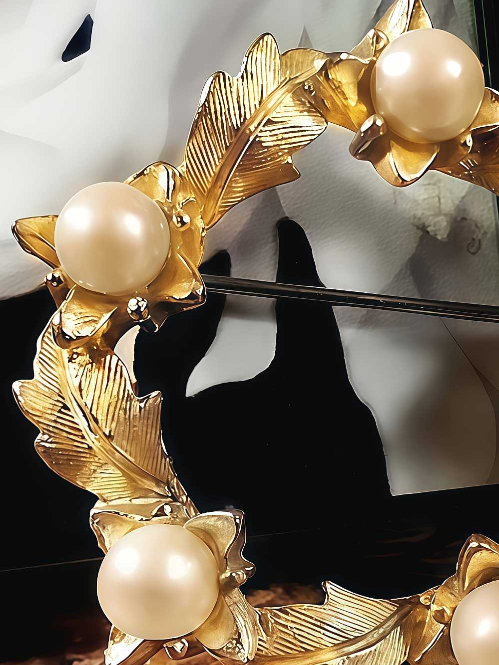 Vintage 1960s Faux Pearl Wreath Brooch Leaf Pin Gold Tone