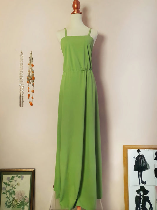 Vintage Green Retro Maxi Dress Boho 1960s- Size 12 Long Gown Sleeveless