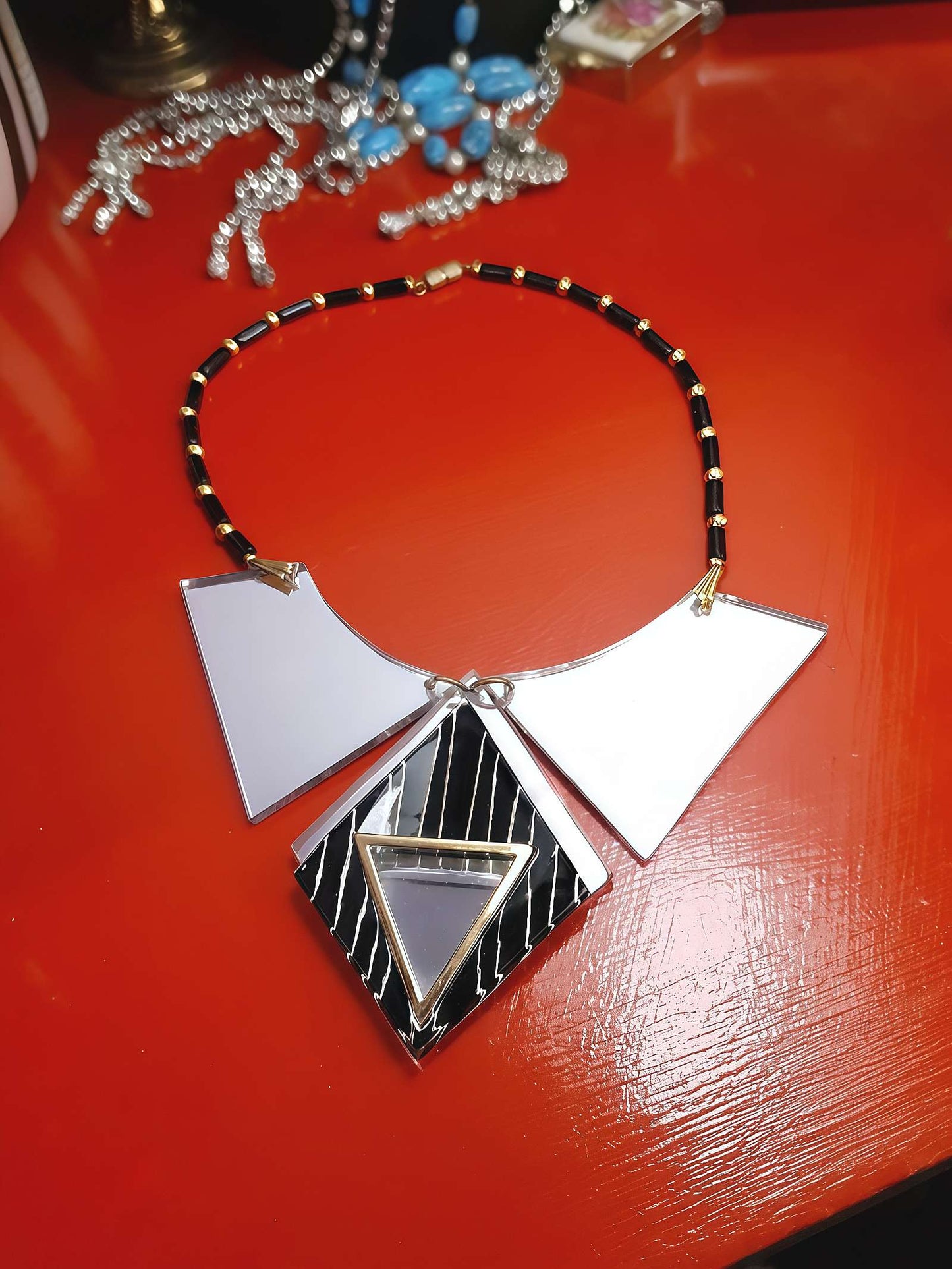 1960s Vintage Lucite Mirror Necklace 16" Choker Pendant Space Age Mod