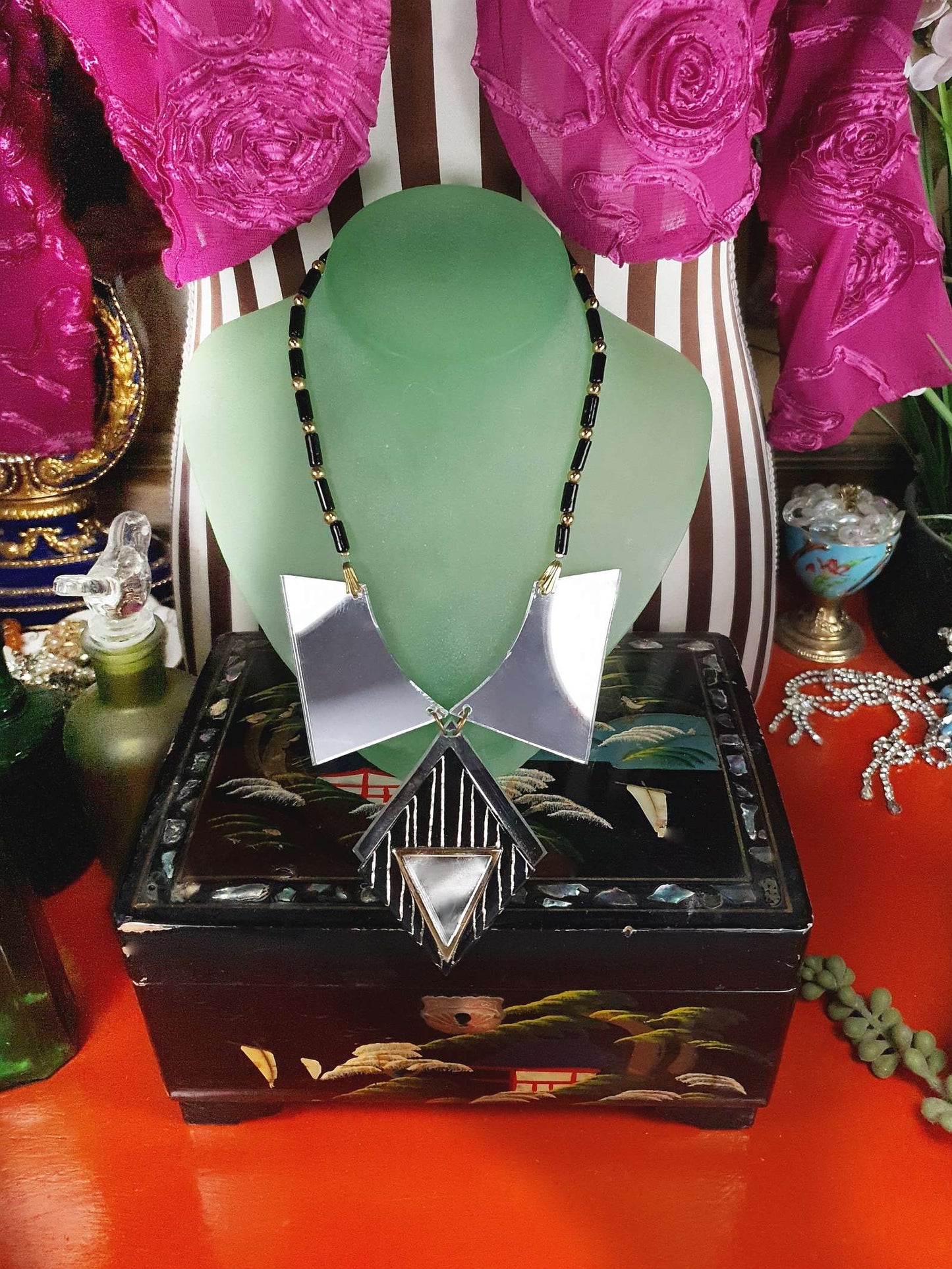 1960s Vintage Lucite Mirror Necklace 16" Choker Pendant Space Age Mod