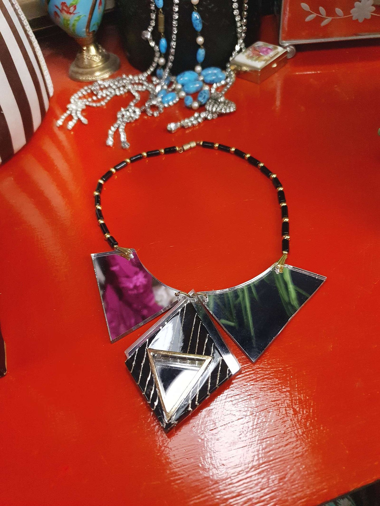 1960s Vintage Lucite Mirror Necklace 16" Choker Pendant Space Age Mod