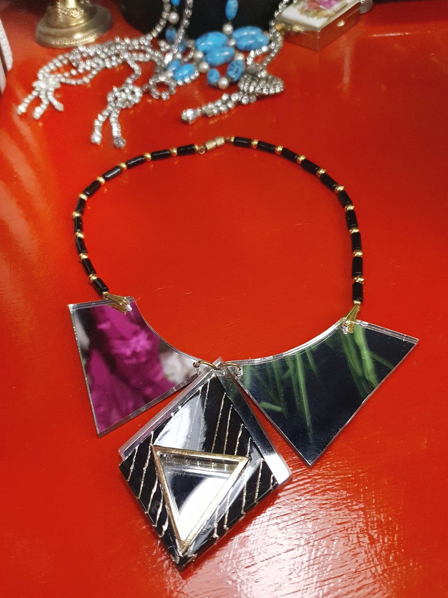1960s Vintage Lucite Mirror Necklace 16" Choker Pendant Space Age Mod