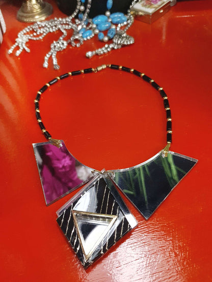 1960s Vintage Lucite Mirror Necklace 16" Choker Pendant Space Age Mod