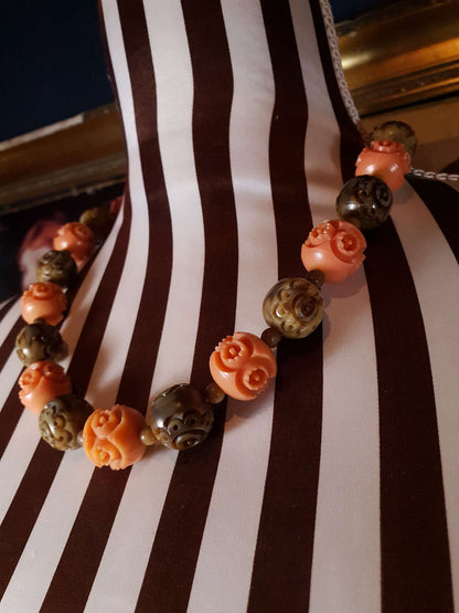 Vintage 1960s Rose Carved Resin Necklace 18" Bohemian Olive Coral Choker