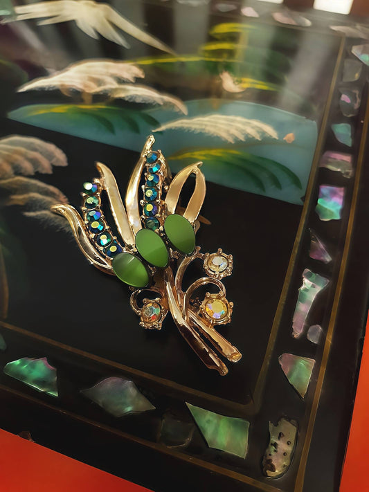 1960s Vintage Floral Spray Aurora Borealis Brooch Thermoset Blue Green