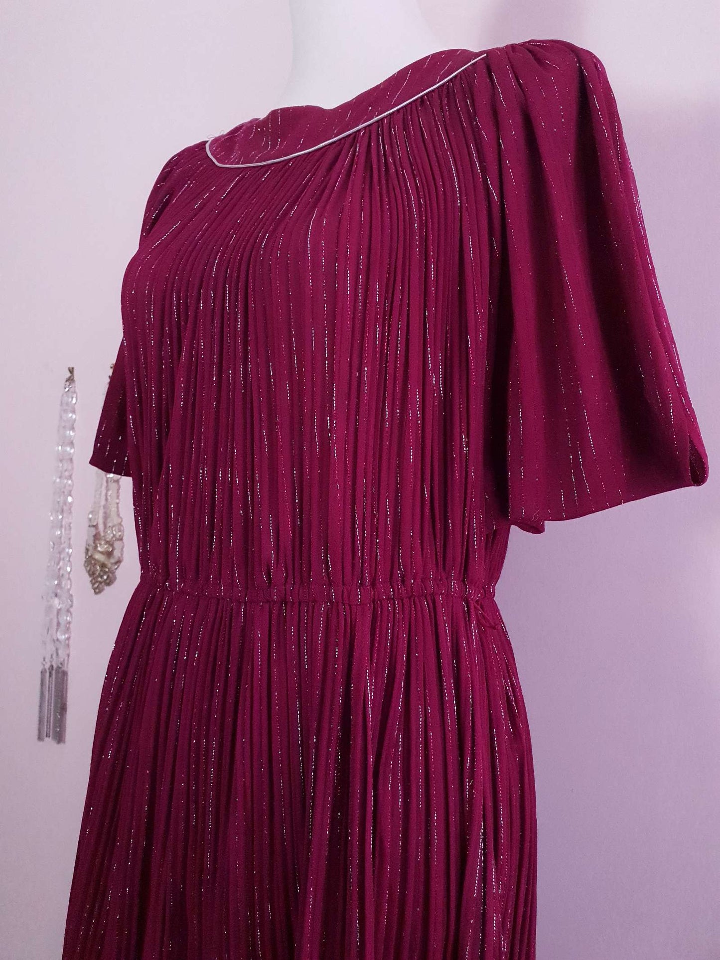 Burgundy Red Midi Dress 1970s  - Sparkle Batwing Sleeves Size 16