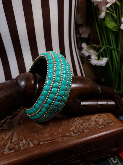 Vintage 1970s Boho Bangle Bracelet Turquoise Ceramic Bohemian